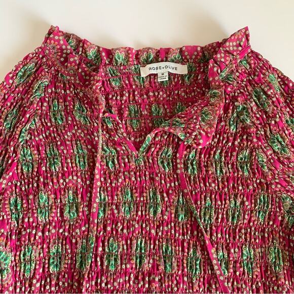 Rose + Olive Pink and Green Boho Smocked Long Sleeve Blouse Medium - Picture 2 of 9